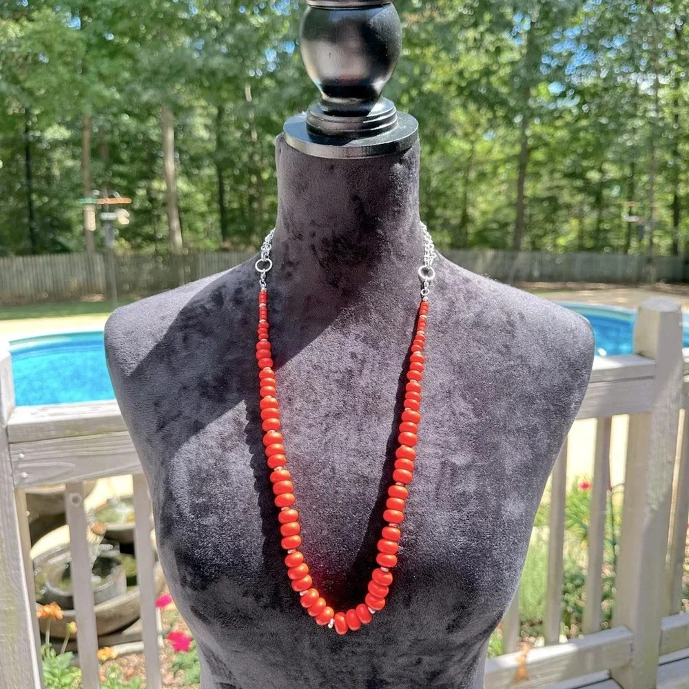 Multiple Looks 3 Strand Orange & Silver Long Statement Necklace Premier Designs - Picture 10 of 16